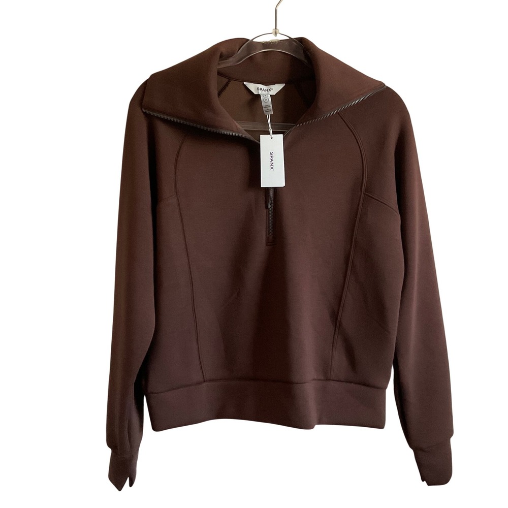 SPANX AirEssentials Half Zip Cropped‎ Brown Athleisure Pullover - Size Small NEW